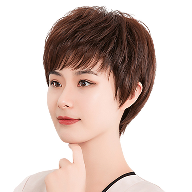 Wig women's short hair texture mother's short curly hair middle-aged and elderly real hair wig women's full real hair wig