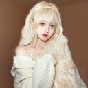 Wig Women's Long Hair Cyber Red Qi Bangs Summer Simulation Natural Milk Tea Golden Long Curly Hair Large Wave Full Head Cover