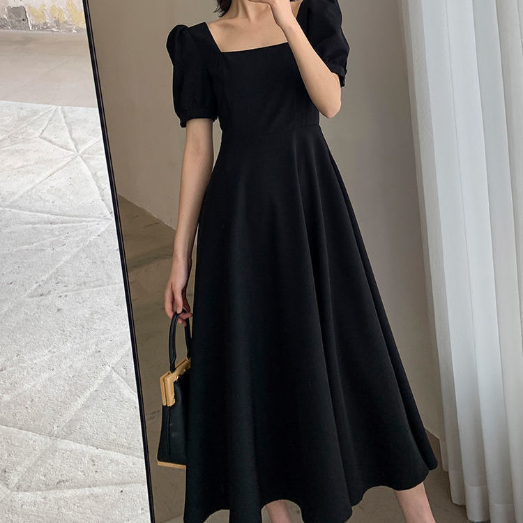 Dress Summer Ins Tea Break Dress Elegant One-word Collar Knee-length Hepburn Style Chubby Girls Small Black Dress