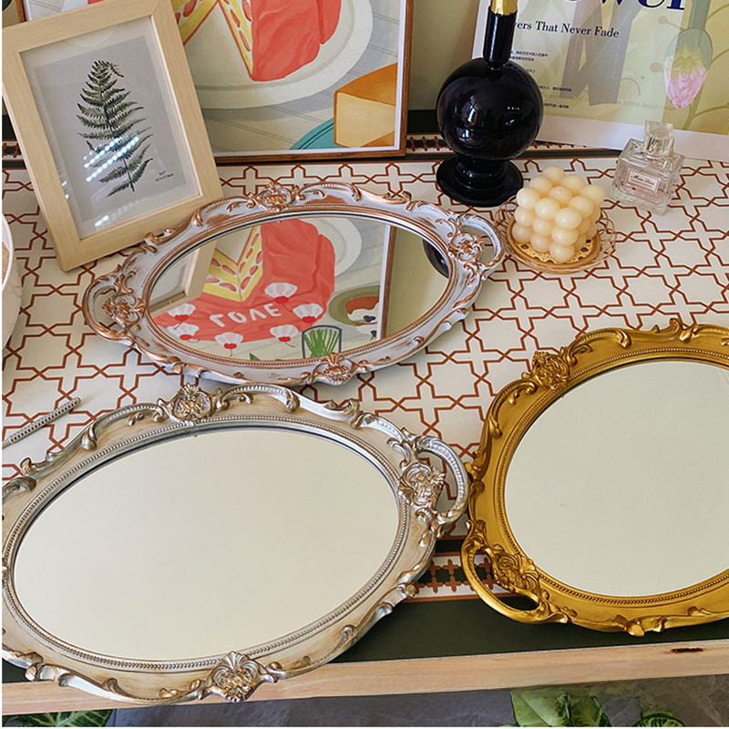 French Vintage Plastic ins Style Mirror Pocket Props Dessert Plate Table Mirror Tray Jewelry Storage Tray