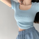 American Vintage Letter Embroidered Slim-Fit Base Shirt Square Collar Low-cut Collarbone Short-sleeved T-shirt Navel-exposed High-waisted Top