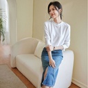 autumn back mid-seam solid color cotton T minimalist women's T-shirt special collar pullover round neck long sleeve T-shirt