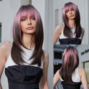 Full Head cosplay Punk Pink Gradient Dark Brown cosplay Long Straight Hair Wig with Straight Bangs