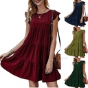 Summer Women's New European and American Dress Solid Color Round Neck Short Sleeve Casual Cake Skirt Pleated Large Swing Skirt