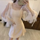 Spring and Autumn New Mesh Beads Stitching Bubble Sleeve Dress Sexy Dress