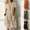 summer New hot cotton and linen solid color loose round neck short sleeve dress