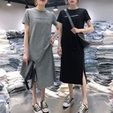 Korean Style Summer Short Sleeve Split Dress Casual Women's Belly Covering Large Size Loose Mid-length T-shirt Over-the-knee Skirt