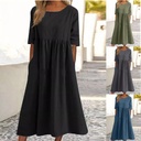Spring Round Neck 5-point Sleeve Large Size Casual Loose Long Solid Color Cotton and Linen Dress