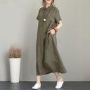 Lotte Women's Summer New Short-sleeved Loose Pocket Solid Color Cotton Linen Lapel Casual Dress