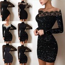 211125# Europe and America Women's Slim Fit Hot Silver Shoulder Hip Black Dress Evening Dress