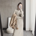 Long autumn and winter solid color knitted knee sweater dress Korean slim high collar dress women