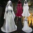 Cross Border Women's 2019 Simple Medieval Retro Wedding Dress Women's Solid Color Long Sleeve Hooded Belted Dress
