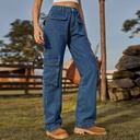 American Retro Washed Semi-elastic Multi-pocket Denim Workwear Casual Pants for Women