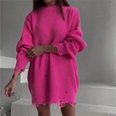 autumn and winter solid color round neck long sleeve hem ripped loose knitted pullover sweater