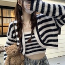 Autumn and Winter Pure Desire Short Fashion Women's Slim-fit Slimming Striped Knitted Cardigan Sweater Hanging 2-piece Set