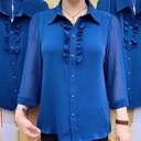 Design Sense Fashion Elegant Mother Clothes Autumn New Arrival Royal Blue Auricularia Lace Seven-Sleeve Shirt Women's Shirt