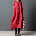 New Women's Dress Korean Style Loose Large Size Cotton and Linen Long Sleeve Round Neck Dress