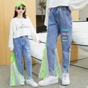 A268 early Yang children spring personalized color bottom printed fashionable all-match jeans for girls Middle and big children
