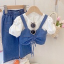 Children's Clothing Summer Girls' Denim Suit Shirt Plus Strap Wide Leg Pants Three-piece Set