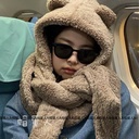 Jennie with Bear scarf hat all-in-one women's autumn and winter plush padded warm cute scarf set for students